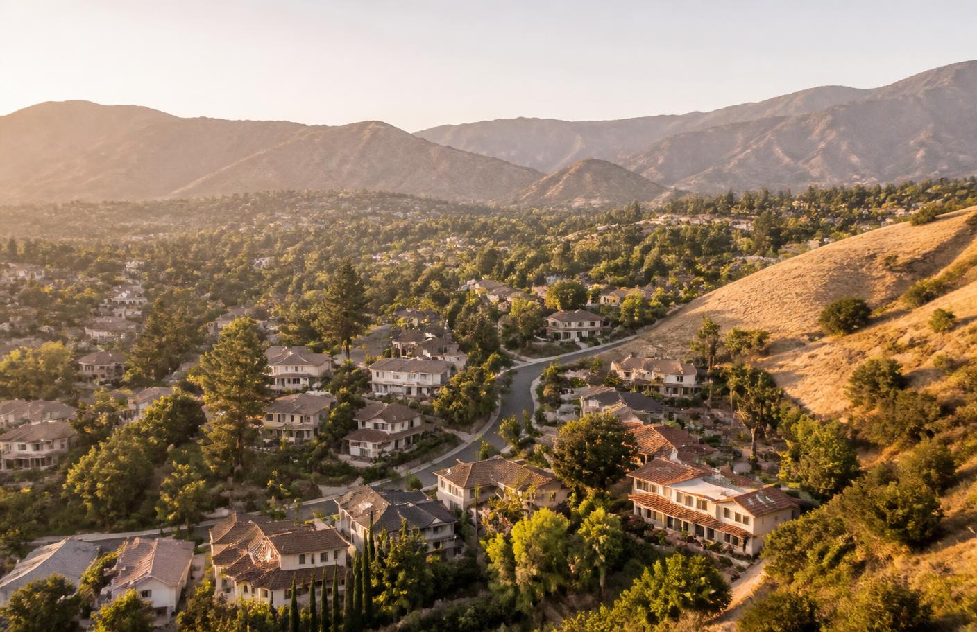 Golden-hour aerial view of San Gabriel Valley hillside neighborhoods near Diamond Bar, California