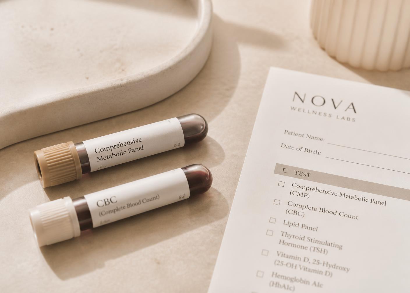 Blood sample vials and a complete thyroid lab requisition on a warm neutral surface