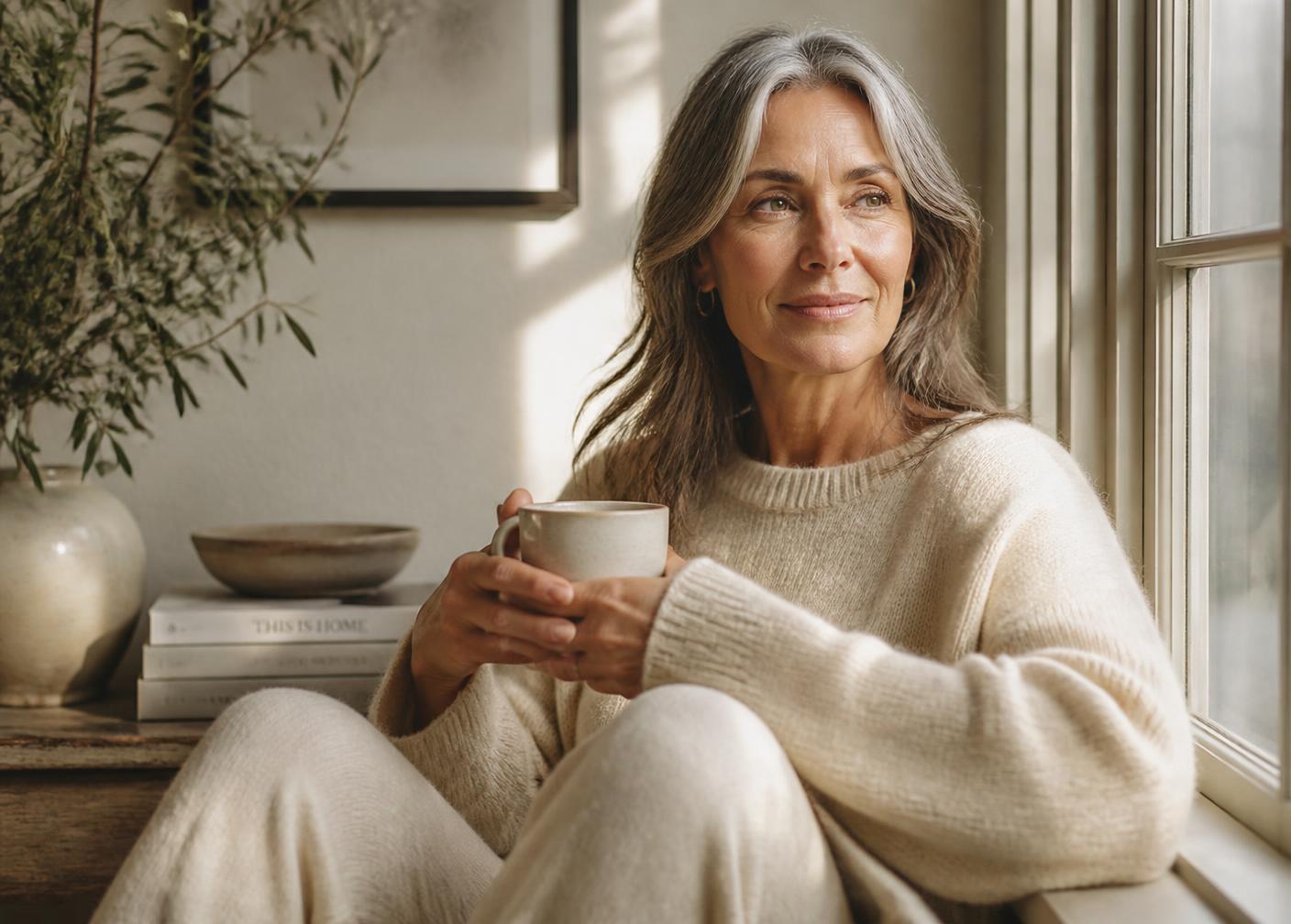 Patient resting calmly at home in warm morning light after starting thyroid treatment