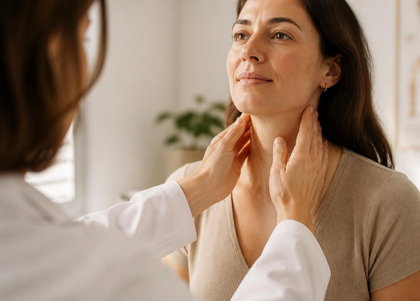 Physician gently examining a patient's thyroid during a calm, unhurried clinic visit