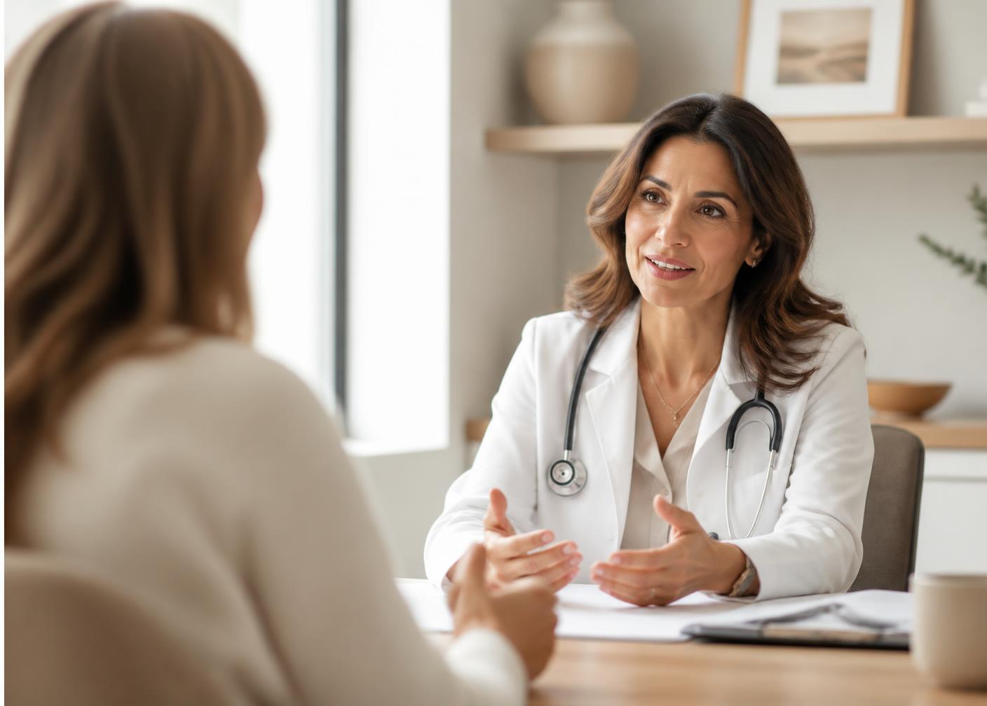 Dr. Shah reviewing a personalized hormone plan with a patient in a warm consultation room